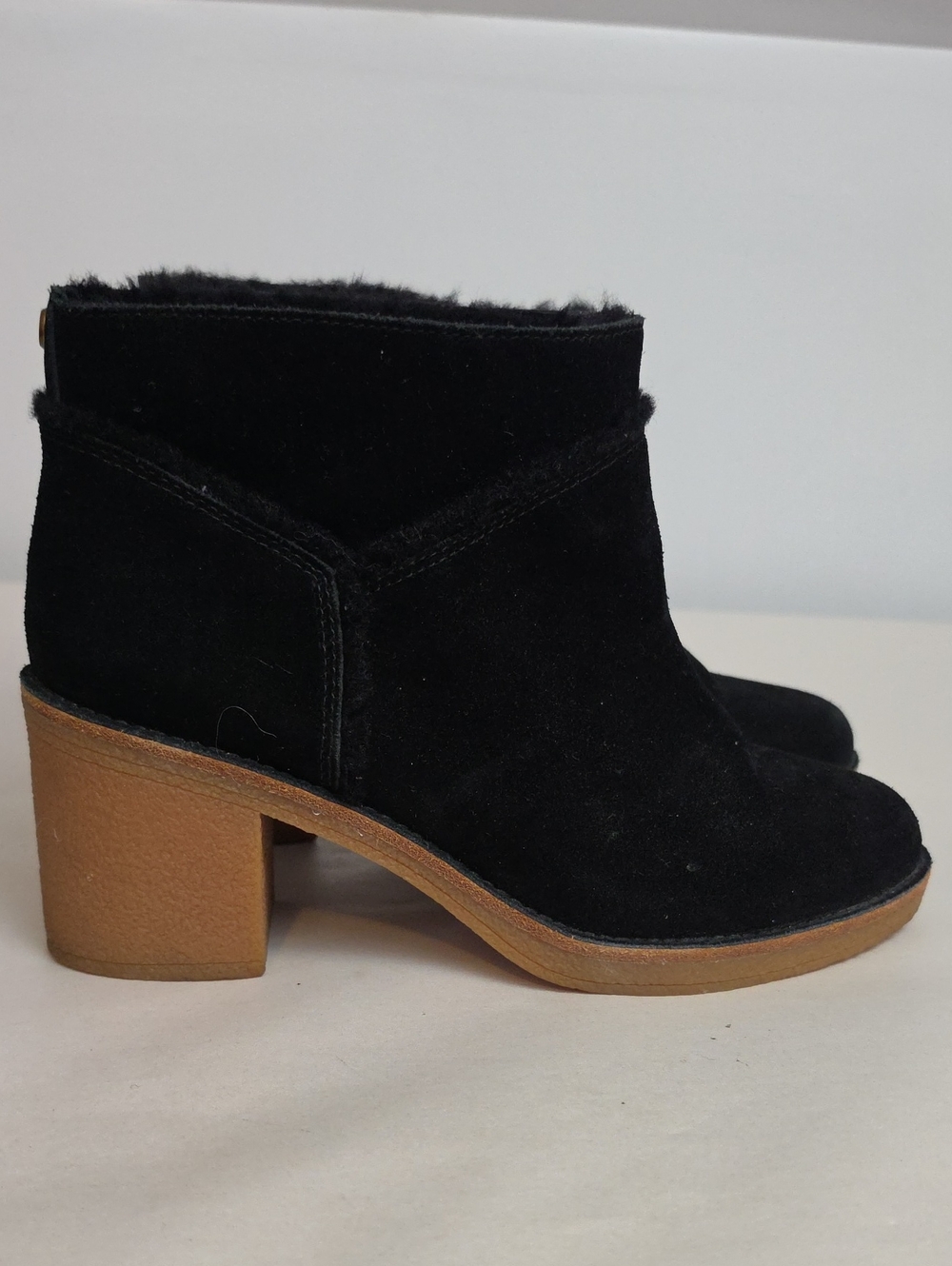 Ugg Black Faux-Shearling Suede Ankle Booties with Block Heel Sz 10